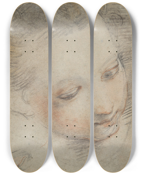 Triptych art skateboard deck of Federico Barocci Head Of A Girl Study For A Figure In The Madonna Del Popolo Altarpiece In Theuffizi by Federico Barocci (1528-1612)