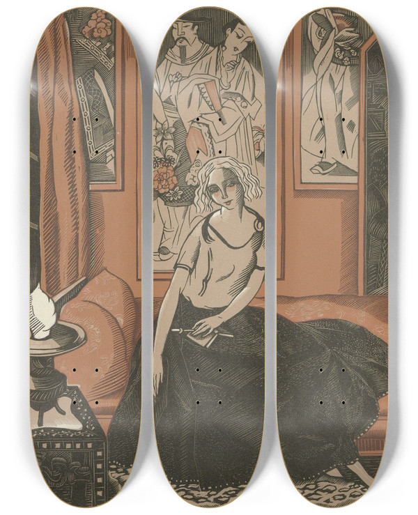 Triptych art skateboard deck of Fernand Simon Intrieur by Fernand Simeon (1884-1928)