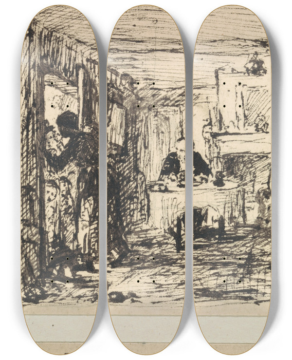 Triptych art skateboard deck of William Mulready Denial And Disappointment by William Mulready (1786-1863)
