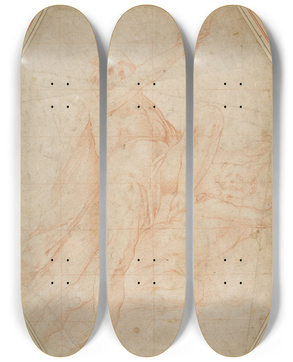 Triptych art skateboard deck of Cristoforo Roncalli Two Nudes Seen From Below by Cristoforo Roncalli (1552-1626)