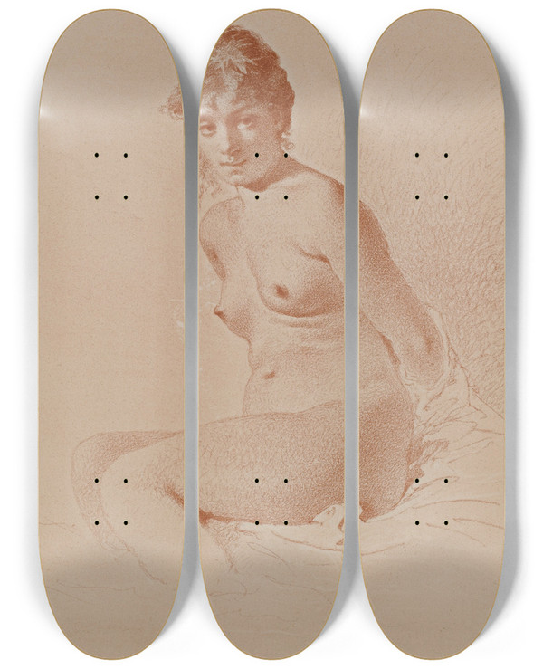 Triptych art skateboard deck of Mihly Zichy Nude Print_2 by Mihaly Zichy (1827-1906)