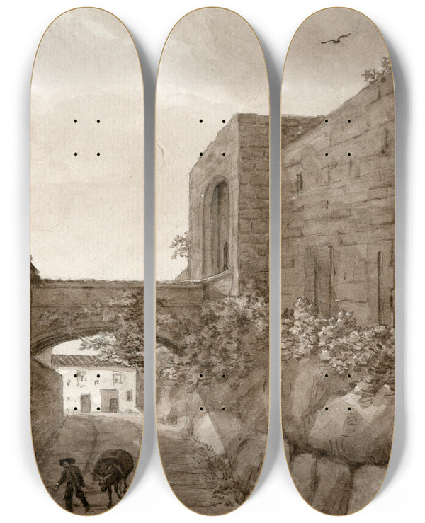 Triptych art skateboard deck of Otto Howen Gezicht Te Valencia by Otto Howen (1774-1848)