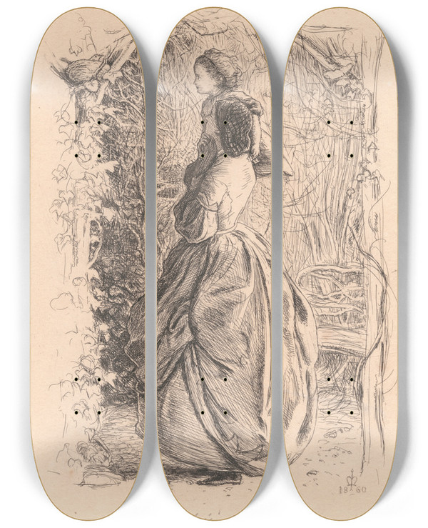 Triptych art skateboard deck of Sir John Everett Millais Happy Spring Time Woman And Child Looking At Bird In Nest_1 by Sir John Everett Millais (1829-1896)