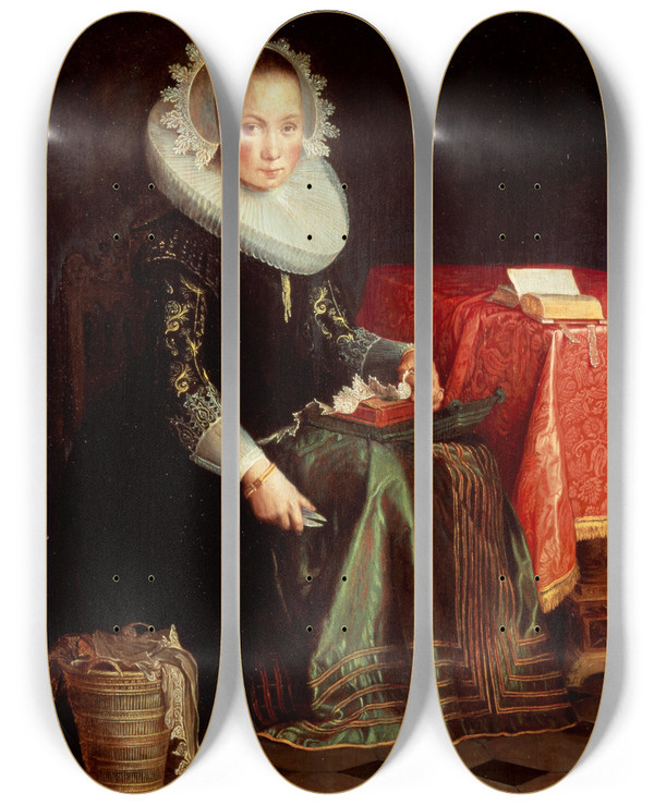 Triptych art skateboard deck of Joachim Wtewael Portrait Of Eva Wtewael 16071635 by Joachim Wtewael (1566-1638)