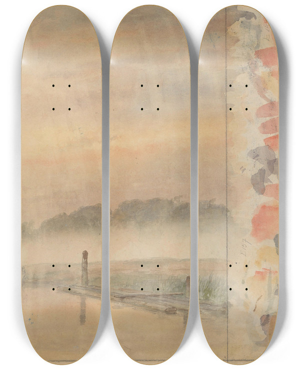 Triptych art skateboard deck of Andreas Schelfhout Aanlegsteiger by Andreas Schelfhout (1787-1870)