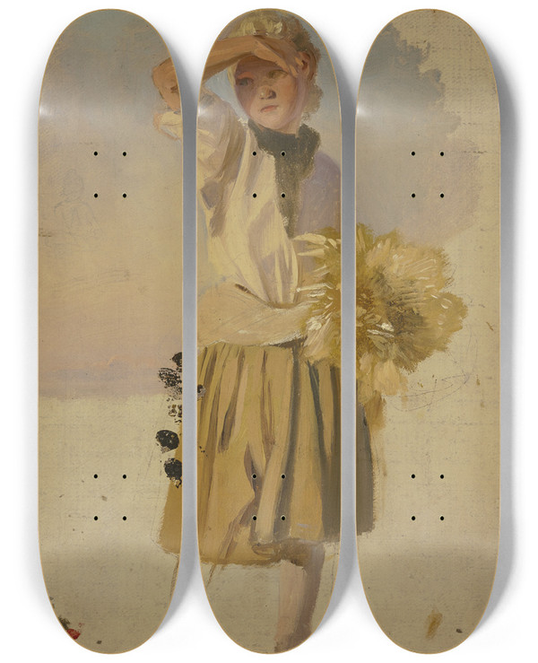 Triptych art skateboard deck of Jakob Becker Bauernmdchen Mit Garbe Die Augen Vor Der Sonne Schirmend_2 by Jakob Becker (1810-1872)