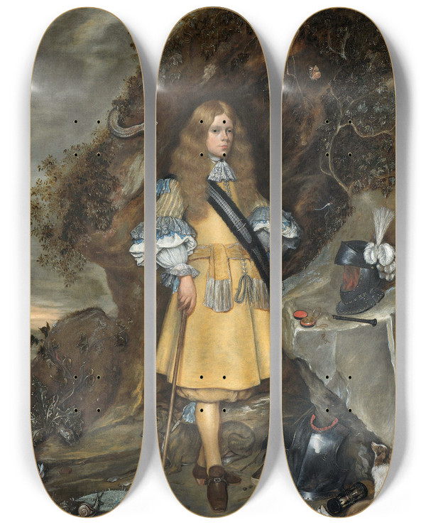Triptych art skateboard deck of Gerard Ter Borch Memorial Portrait Of Moses Ter Borch by Gerard Ter Borch (1617-1681)