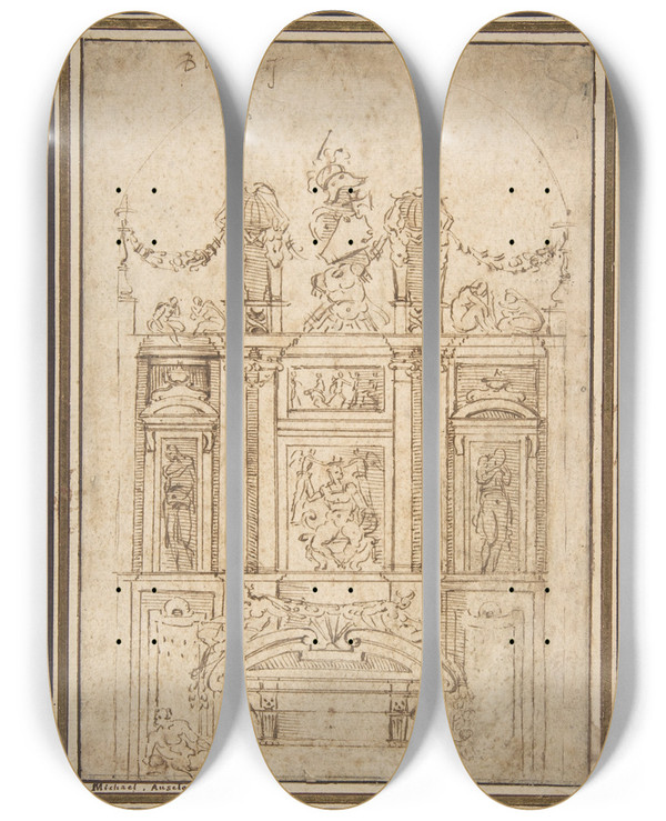 Triptych art skateboard deck of After Michelangelo Buonarroti Architectural Study by After Michelangelo Buonarroti (1475-1564)