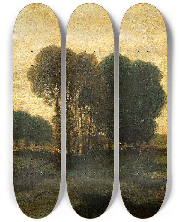 Triptych art skateboard deck of Constant Troyon A Clump Of Trees by Constant Troyon (1810-1865)