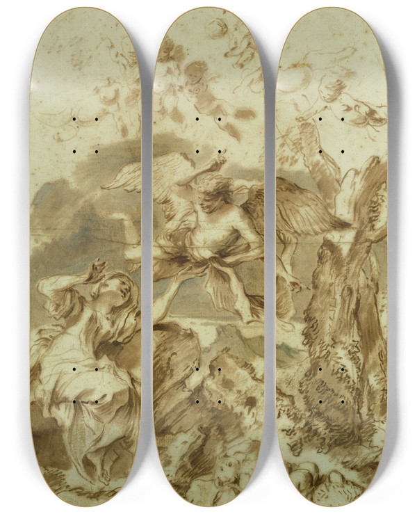 Triptych art skateboard deck of Giovanni Benedetto Castiglione Hagar And Ishmael In The Wilderness by Giovanni Benedetto Castiglione (1609-1664)