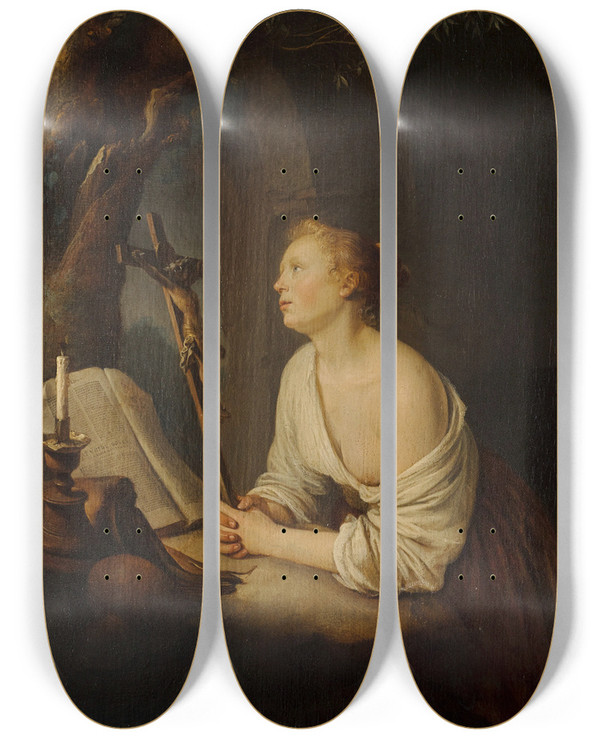 Triptych art skateboard deck of Gerrit Dou The Penitent Magdalen_2 by Gerrit Dou (1613-1675)