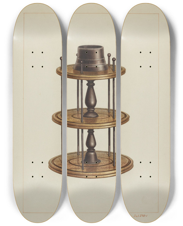 Triptych art skateboard deck of Edward L Loper Spool Holder by Edward L Loper (1916-2011)