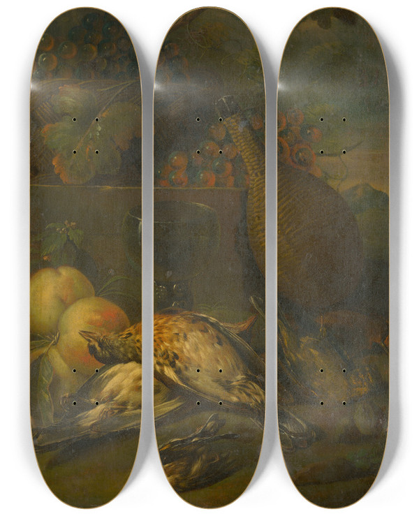 Triptych art skateboard deck of Philipp Ferdinand De Hamilton Still Life With Fieldfares by Philipp Ferdinand De Hamilton (1664-1750)