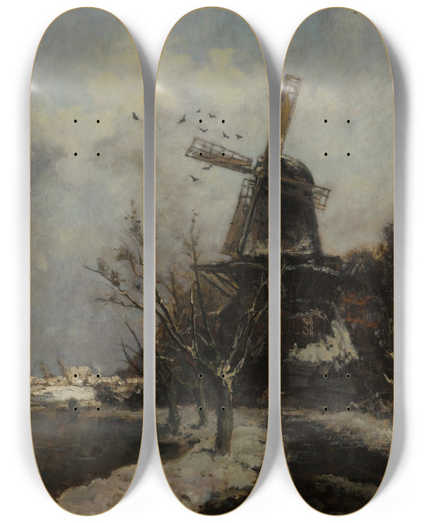 Triptych art skateboard deck of Jacob Maris Windmill By A Stream In Winter by Jacob Maris (1837-1899)