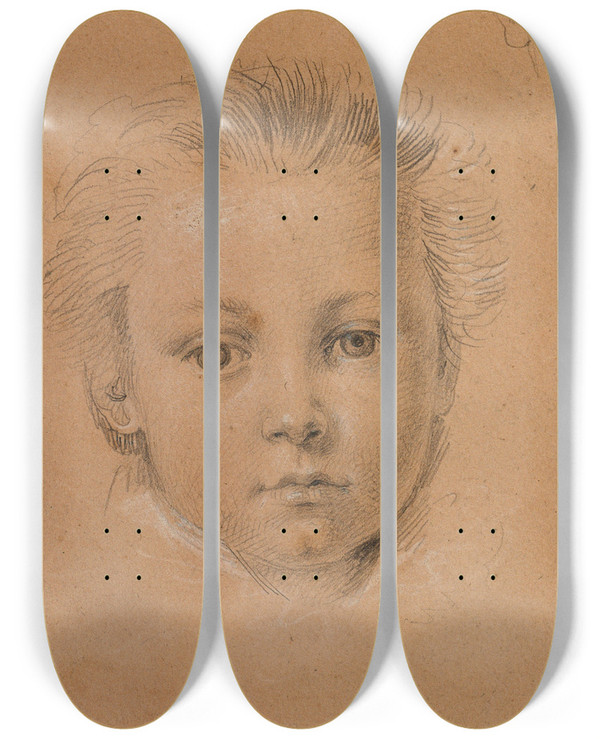 Triptych art skateboard deck of Johann Peter Krafft Kopfstudie Eines Knaben by Johann Peter Krafft (1780-1856)