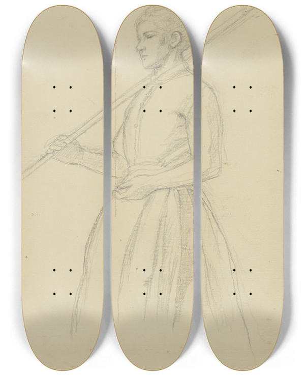Triptych art skateboard deck of Jakob Becker Bauernmdchen Mit Geschultertem Rechen by Jakob Becker (1810-1872)