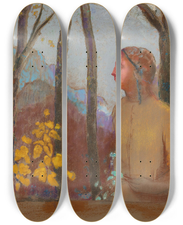 Triptych art skateboard deck of Odilon Redon Vocation Femme La Montagne by Odilon Redon (1840-1916)
