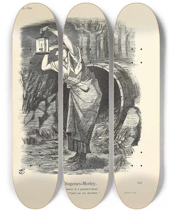Triptych art skateboard deck of Sir John Tenniel Diogenesmorley by Sir John Tenniel (1820-1914)