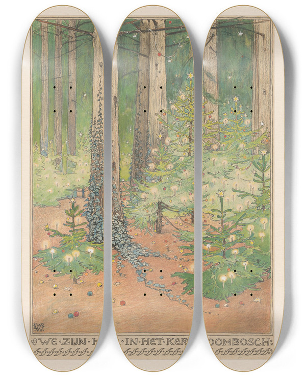 Triptych art skateboard deck of Willem Wenckebach Bos Met Versierde En Verlichte Kerstbomen by Willem Wenckebach (1860-1937)