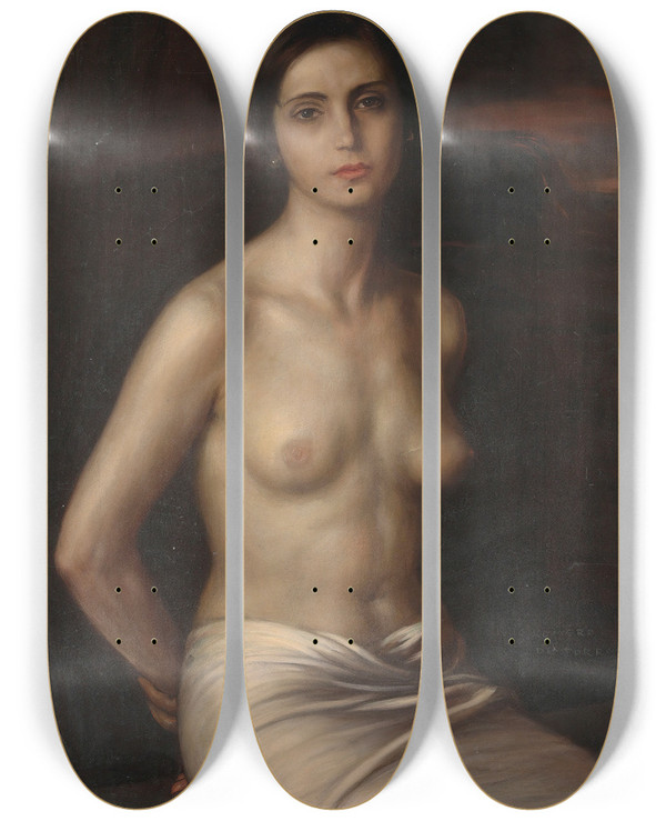 Triptych art skateboard deck of Julio Romero De Torres The Slave by Julio Romero De Torres (1874-1930)