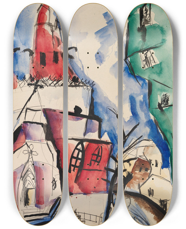 Triptych art skateboard deck of Sulho Sipil Kirkko by Sulho Sipila (1895-1949)