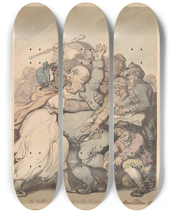 Triptych art skateboard deck of Thomas Rowlandson The Fatted Calf A Prey To Wild Beasts by Thomas Rowlandson (1756-1827)