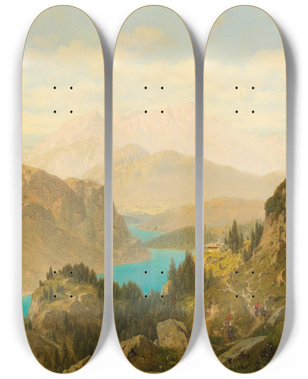 Triptych art skateboard deck of Josef Von Schlgl View Of The Knigssee And The Untersberg by Josef Von Schlogl (1851-1918)