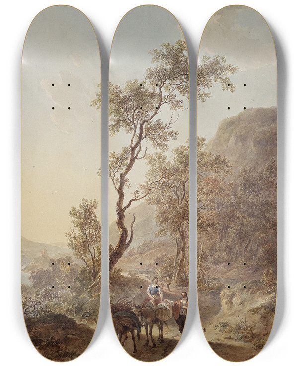 Triptych art skateboard deck of Jacob Van Strij Italianate Landscape With Shepherd And Shepherdess On A Path by Jacob Van Strij (1756-1815)