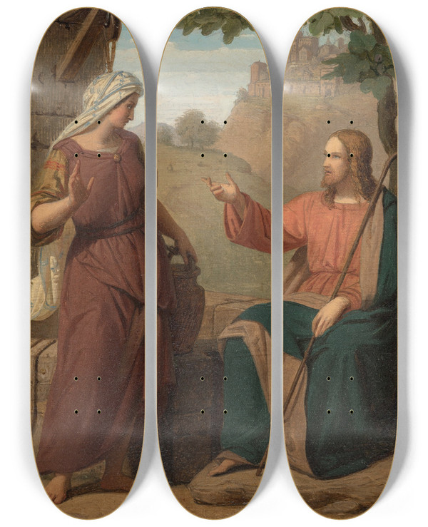 Triptych art skateboard deck of Franz Ittenbach Christ And The Samaritan Woman At The Well by Franz Ittenbach (1813-1879)