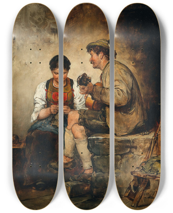 Triptych art skateboard deck of Hugo Engl A Serenade by Hugo Engl (1852-1926)