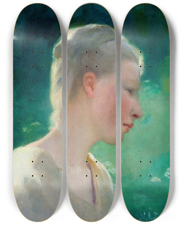 Triptych art skateboard deck of Venny Soldanbrofeldt Young Woman by Venny Soldan-Brofeldt (1863-1945)