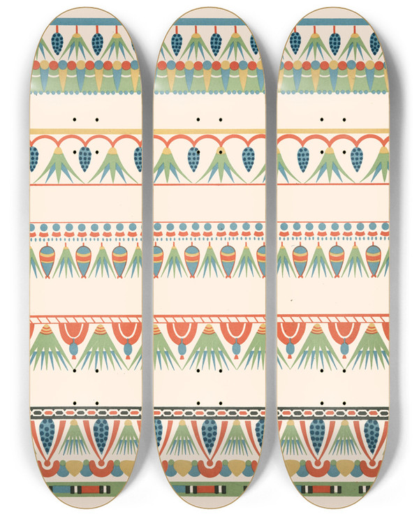 Triptych art skateboard deck of Gustave Jquier 53 Frise Du Tombeau D Amenheb N 90 by Gustave Jequier (1868-1946)