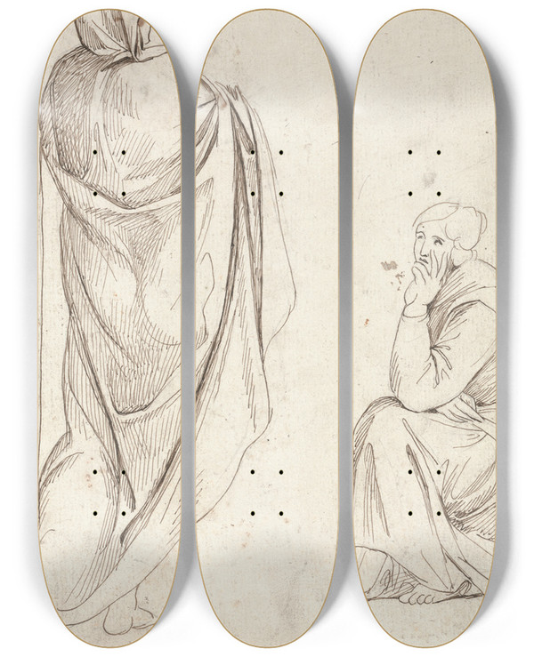 Triptych art skateboard deck of George Romney Standing Figure And Seated Figure by George Romney (1734-1802)