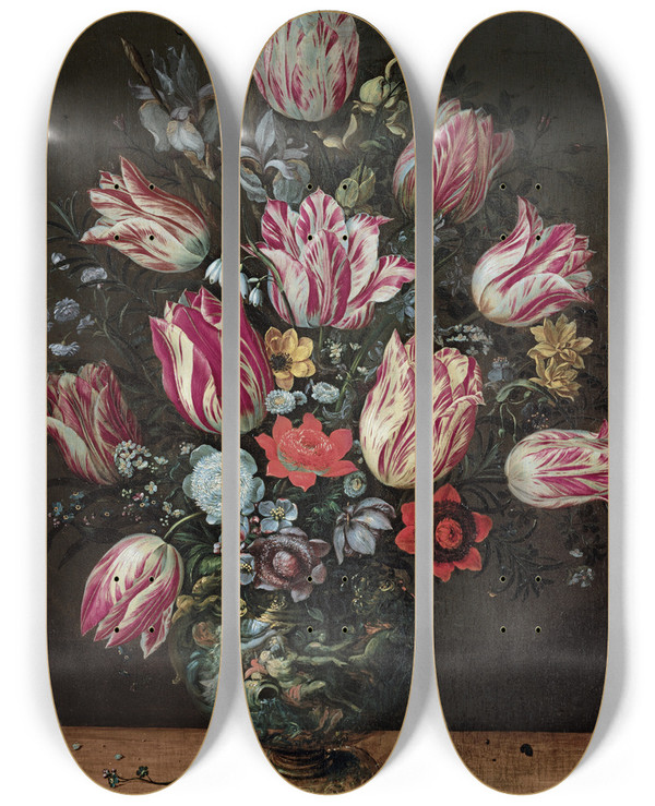 Triptych art skateboard deck of Andries Daniels Vase With Tulips by Andries Daniels (1581-1642)