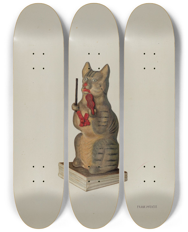Triptych art skateboard deck of Frank Mcentee Squeak Toy Kitten by Frank Mcentee