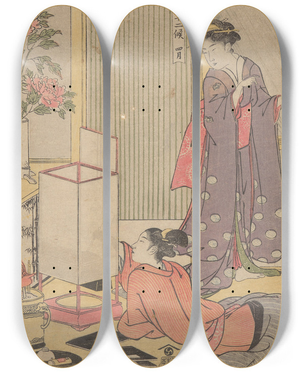 Triptych art skateboard deck of Katsukawa Shunch The Fourth Month Shigatsu by Katsukawa Shuncho (1783-1795)