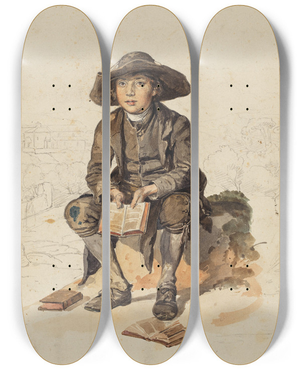 Triptych art skateboard deck of Johann Baptist Kirner Junge Mit Breitkrempiger Kopfbedeckung Vor Einer Landschaft Sitzend Und Ein Aufgeschlagenes Buch Haltend by Johann Baptist Kirner (1806-1866)