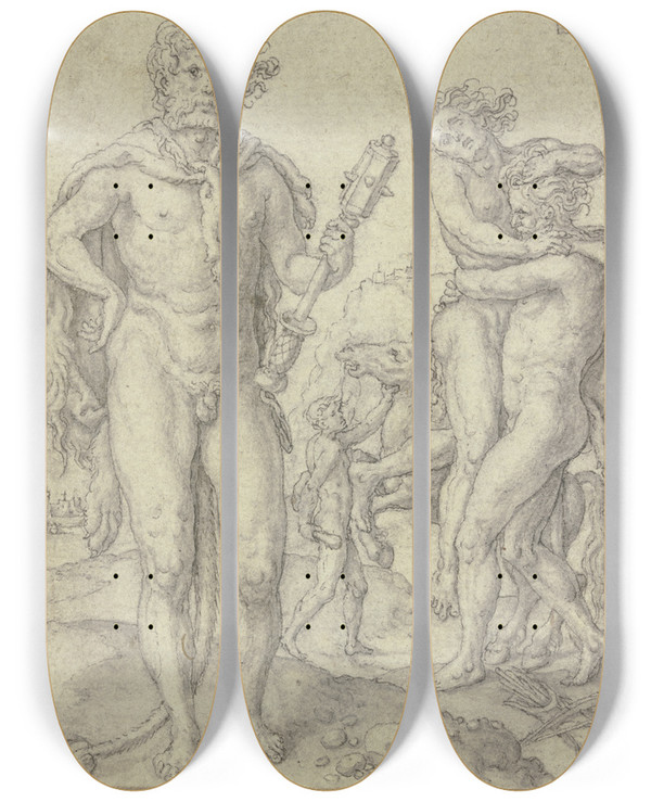 Triptych art skateboard deck of Heinrich Aldegrever Herkules Als Triumphator Herkules Und Antus Herkules Bndigt Die Rosse Des Diomedes by Heinrich Aldegrever (1502-1555)