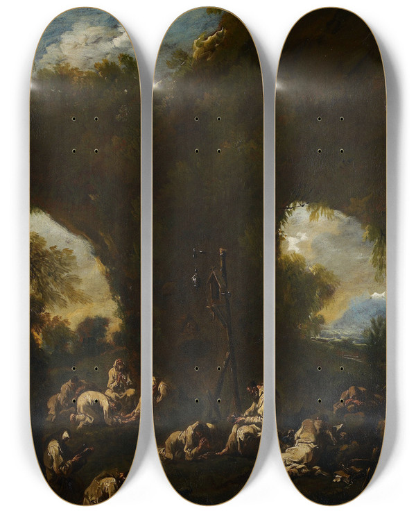 Triptych art skateboard deck of Alessandro Magnasco Monks Praying In A Grotto by Alessandro Magnasco (1667-1749)