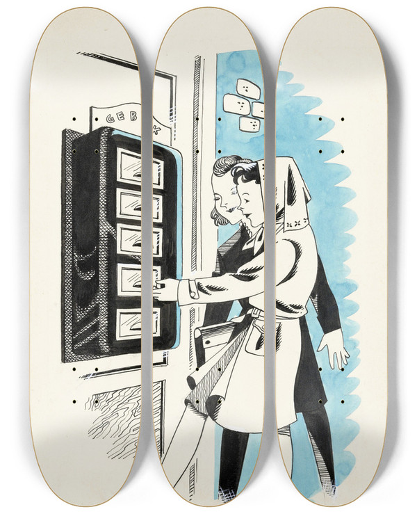 Triptych art skateboard deck of Eddy De Smet Marjo Bij Een Loket Met Gebak by Eddy de Smet (20-)