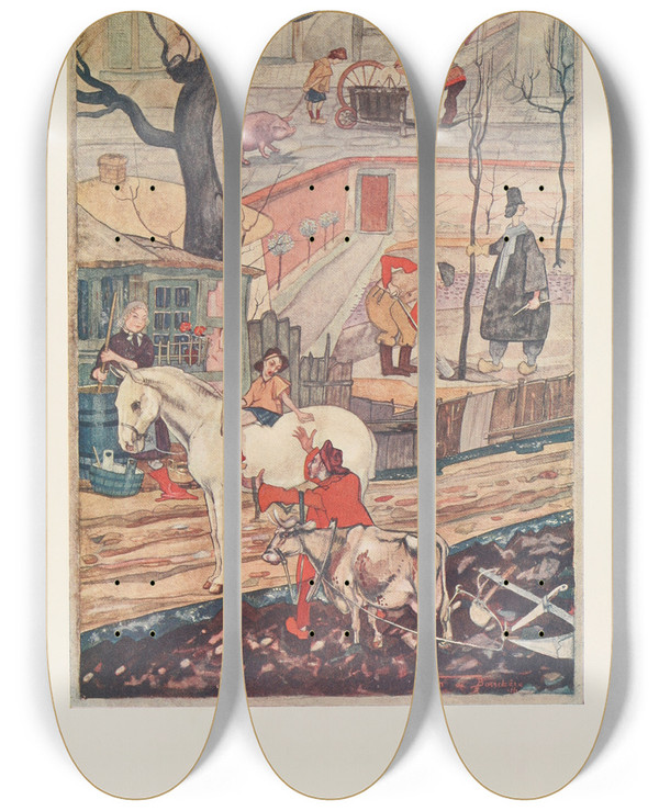 Triptych art skateboard deck of Jean De Bosschre Simple John The Horse The Cow And The Pig by Jean de Bosschre (1878-1953)