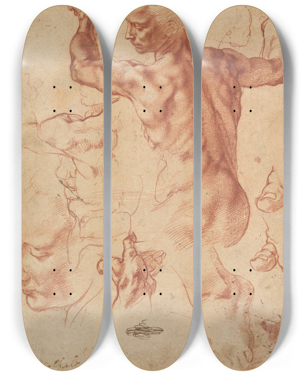 Triptych art skateboard deck of Michelangelo Studies For The Libyan Sibyl by Michelangelo (1475-1564)