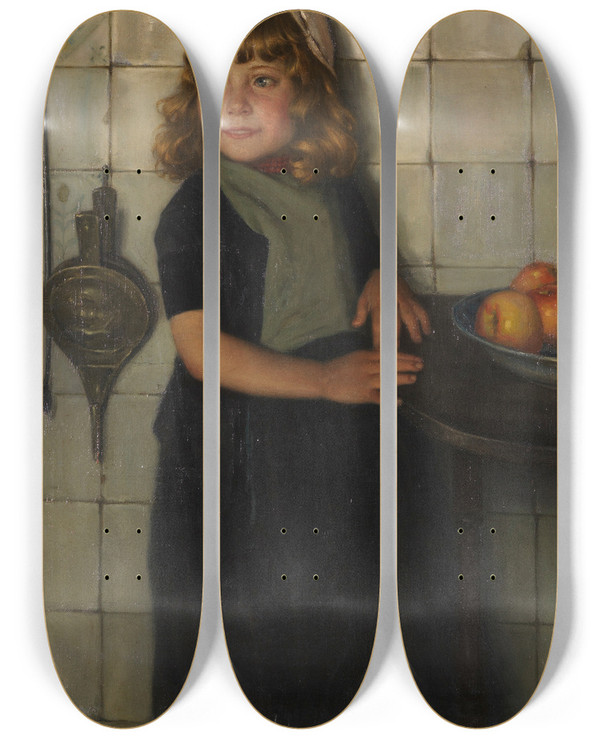 Triptych art skateboard deck of Paul Hoecker Mdchen Mit Pfeln by Paul Hoecker (1854-1910)