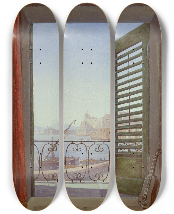 Triptych art skateboard deck of Carl Gustav Carus Balcony Room With A View Of The Bay Of Naples Via Santa Lucia And The Castel Dellovo by Carl Gustav Carus (1789-1869)