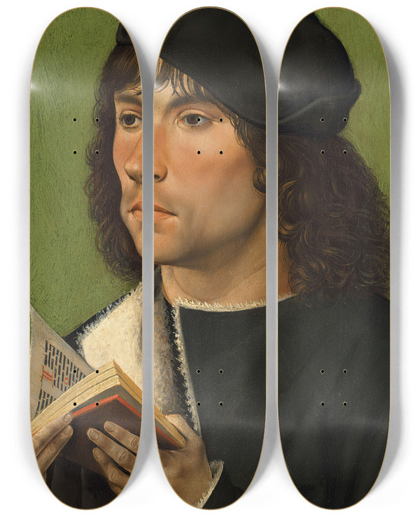 Triptych art skateboard deck of Burgundian Master Portrait Of A Man Holding A Prayer Book by Burgundian Master (15-)