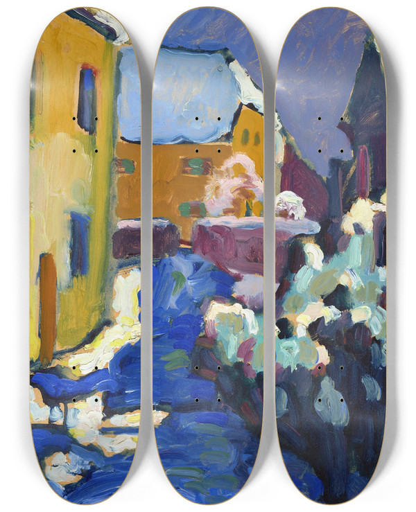 Triptych art skateboard deck of Wassily Kandinsky Cemetery And Rectory In Kochel by Wassily Kandinsky (1866-1944)