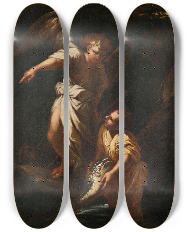 Triptych art skateboard deck of Salvator Rosa Tobias And The Angel_1 by Salvator Rosa (1615-1673)