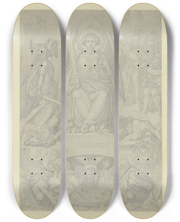 Triptych art skateboard deck of Ferdinand Fellner Title Page For Macbeth by Ferdinand Fellner (1799-1859)