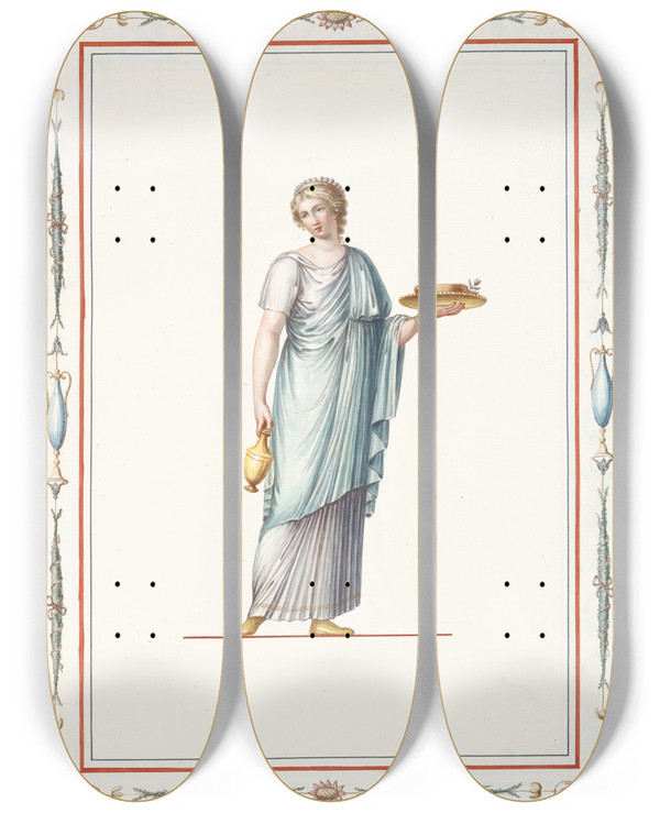 Triptych art skateboard deck of Pierrejean Mariette Woman In Classical Dress Holding Vase And Platter Of Food by Pierre-Jean Mariette (1694-1774)