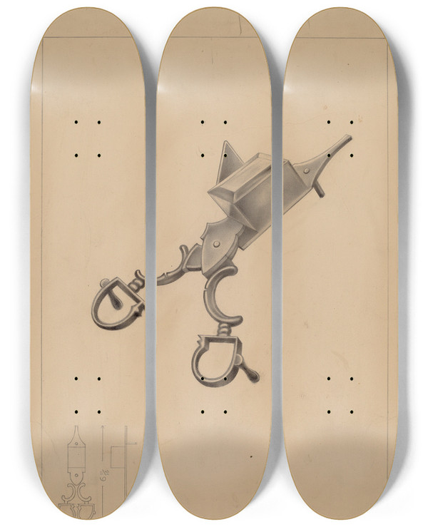 Triptych art skateboard deck of Erwin Schwabe Candle Snuffer by Erwin Schwabe